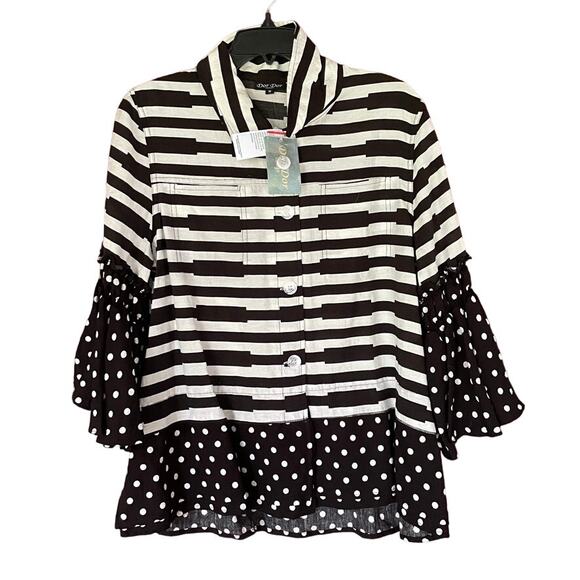Dor Dor‎ Couture Top Tunic  M Polka Dot Striped ButtonUp Black White Mixed Media - Picture 1 of 13